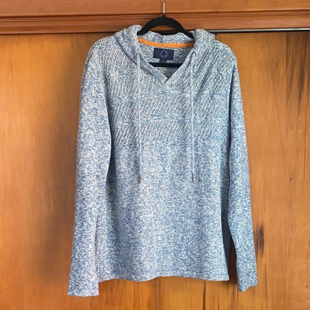 Men's Heather Blue White Knit Hoodie Sweater Drawstring Soft Cotton Blend Cali
